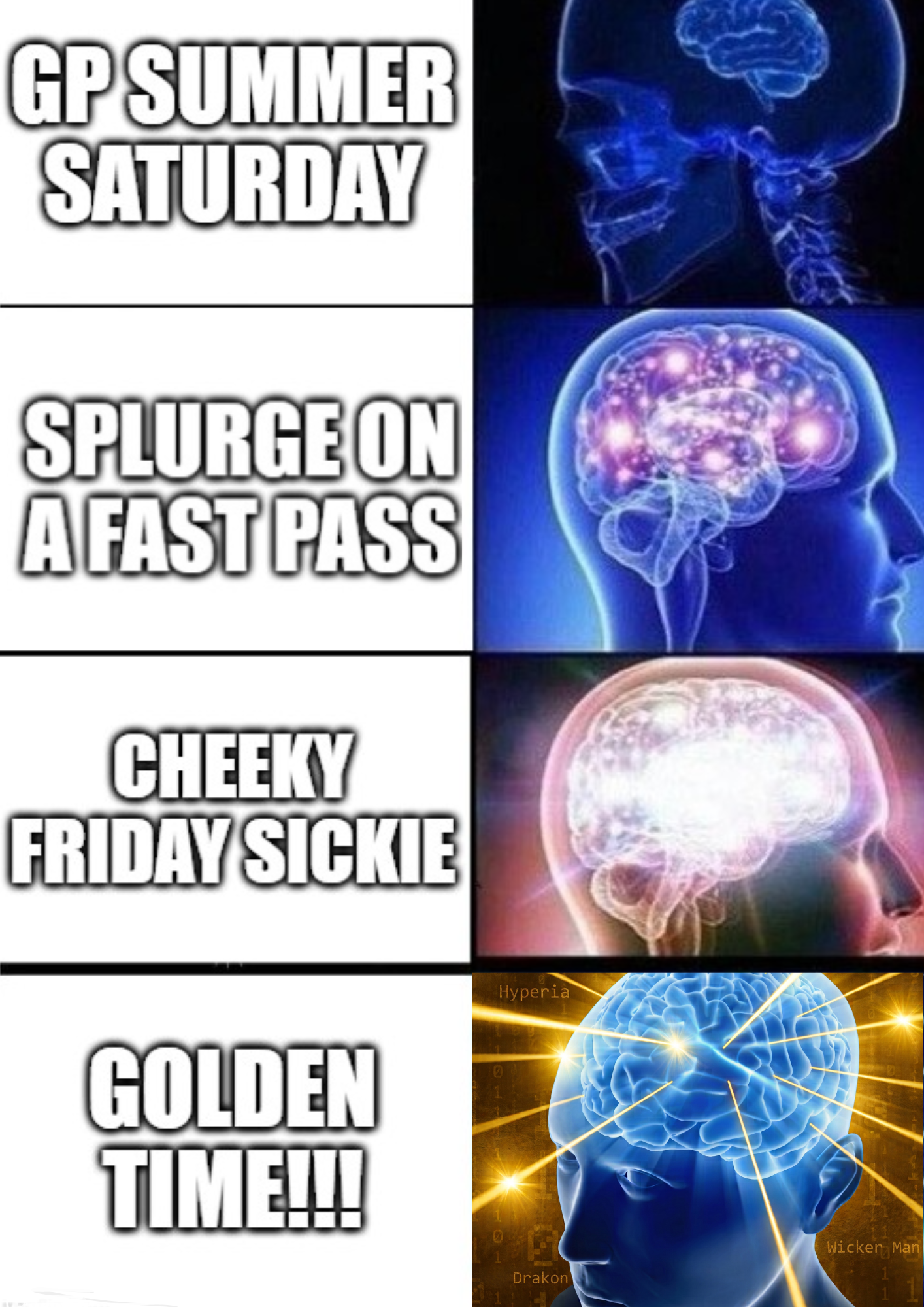 Golden Time theme park meme celebrating September weekday visits and short queues