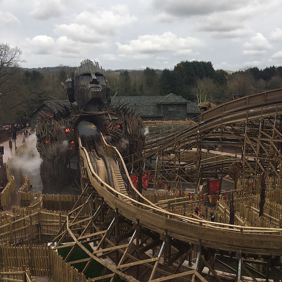 Wicker Man wooden rollercoaster structure and effigy at Alton Towers