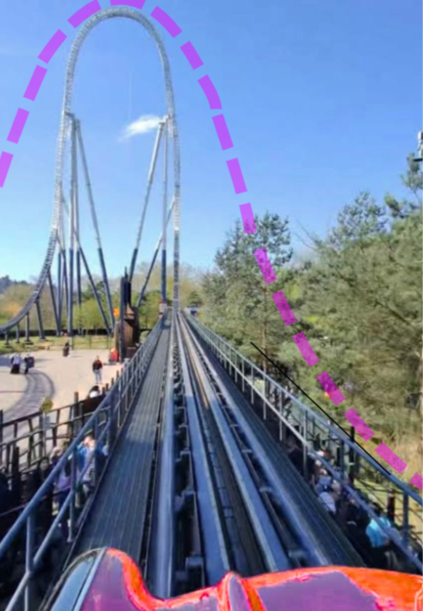 Front-row view along Stealth's launch track towards the 205ft top hat at Thorpe Park