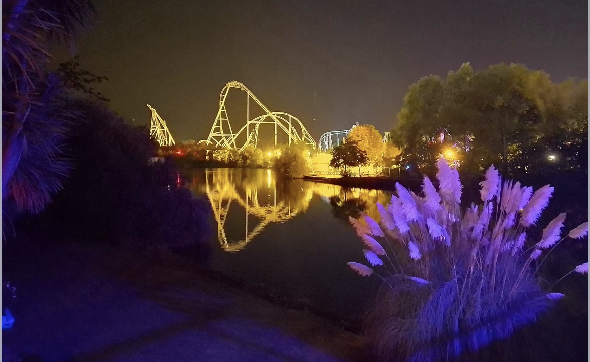 Hyperia at night, reflected in the lake